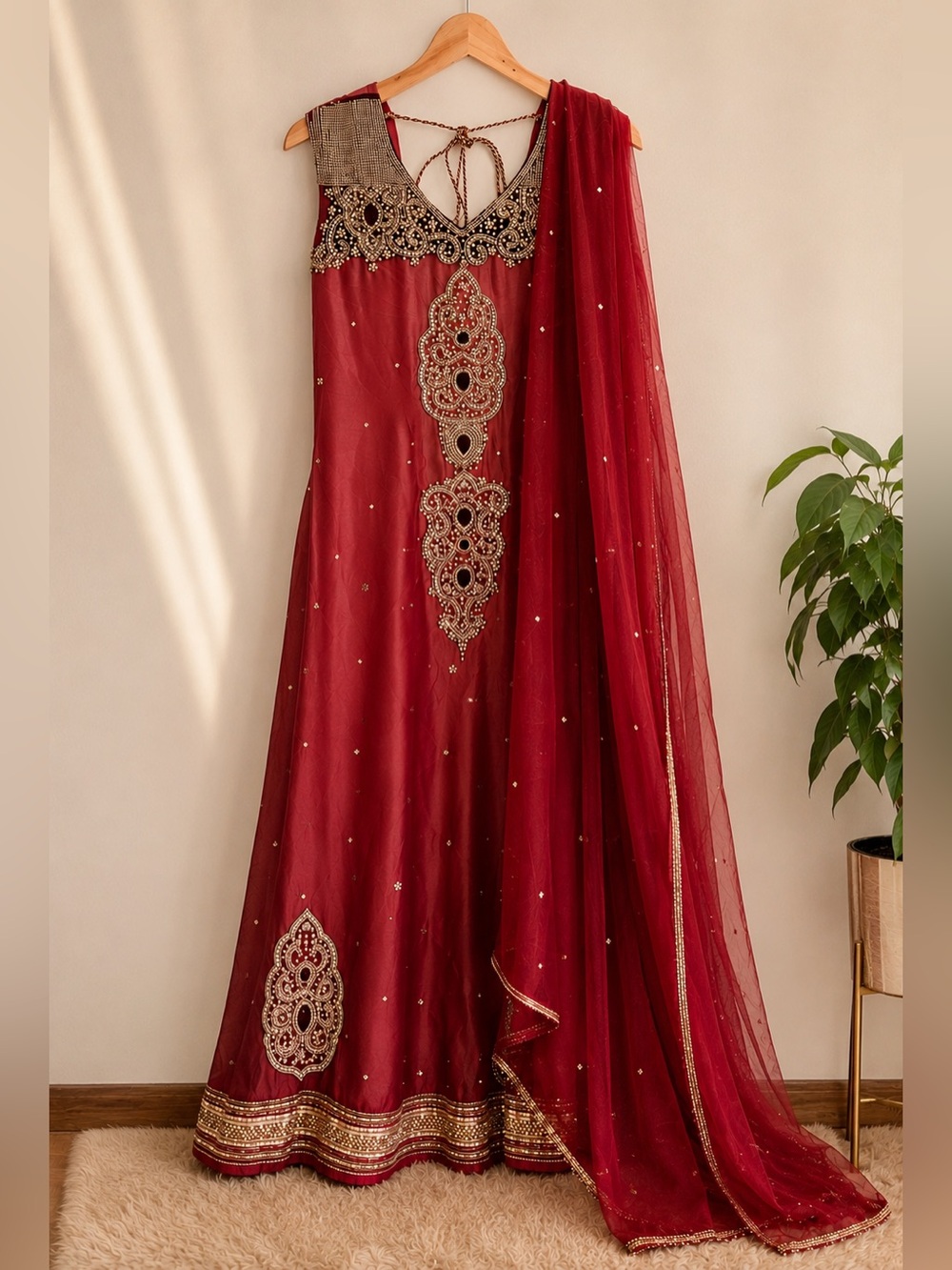 Maroon Gold Embellished Anarkali Salwar Suit 3-Piece Set | Small